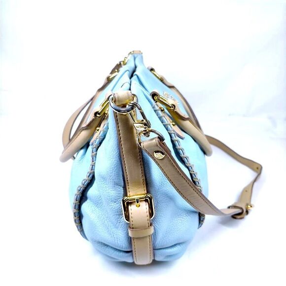 Auth MCM Light Blue Leather Tan Trim 2way Saddle Hobo Bag Satchel Preloved Purse - Picture 3 of 9